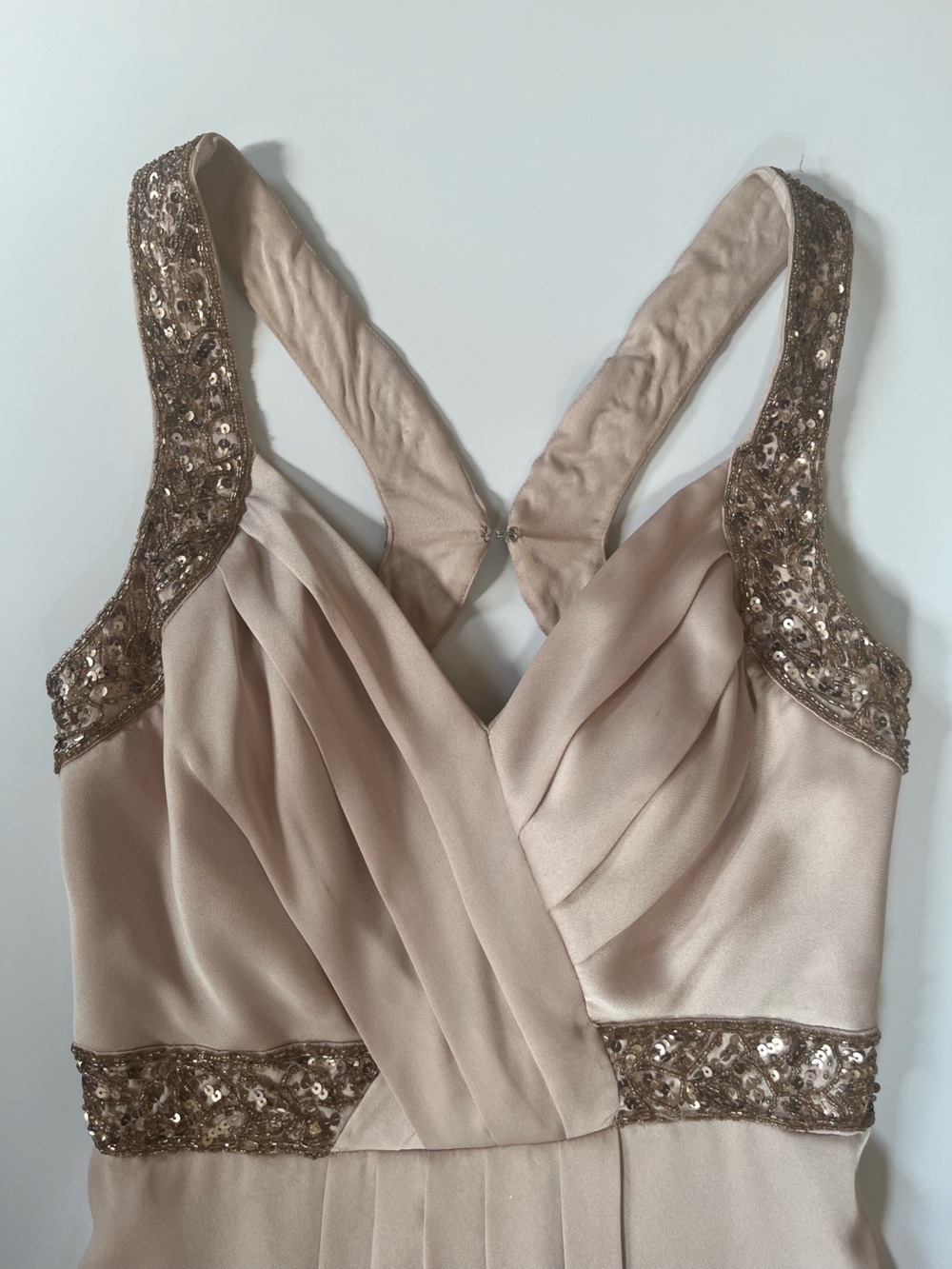 Aidan Mattox Champange Rose Gold Sequin Pleated Satin Long Formal Open Back Gown - Picture 4 of 15